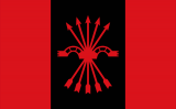Bandera de la Falange Española de las JONS, amb el jou i les fletxes com a element central