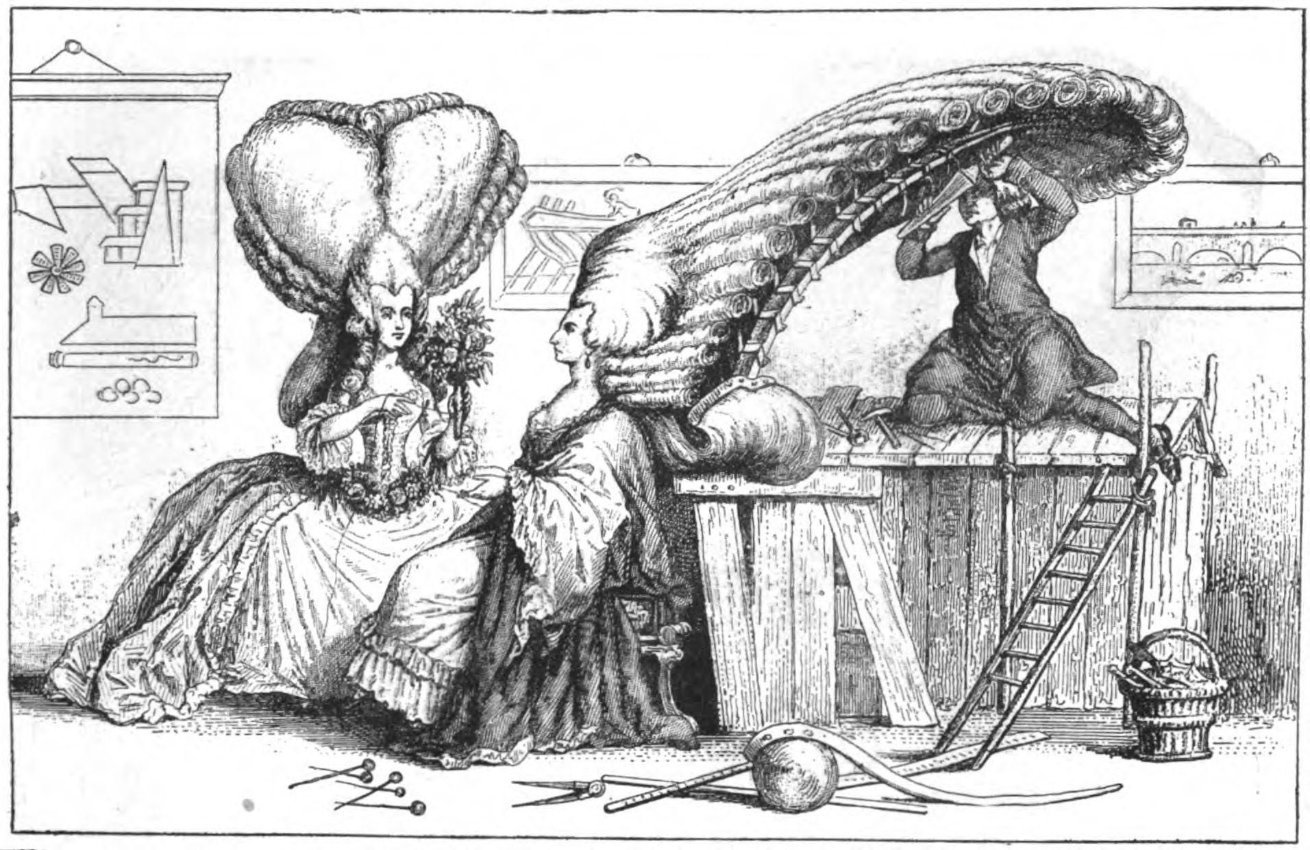 Il·lustració satírica publicada a França l'any 1788 que mostra una acadèmia de perruqueria de l'any