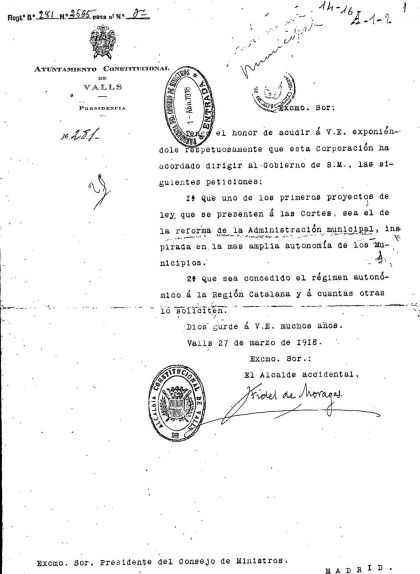 Carta del municipi de Valls reclamant més autonomia per a Catalunya Carta del municipi de Valls reclamant més autonomia per a Catalunya
