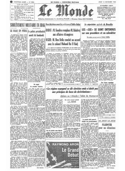 El diari 'Le Monde' del 14 de novembre del 1963 amb les declaracions de l'abat Escarré El diari 'Le Monde' del 14 de novembre del 1963 amb les declaracions de l'abat Escarré