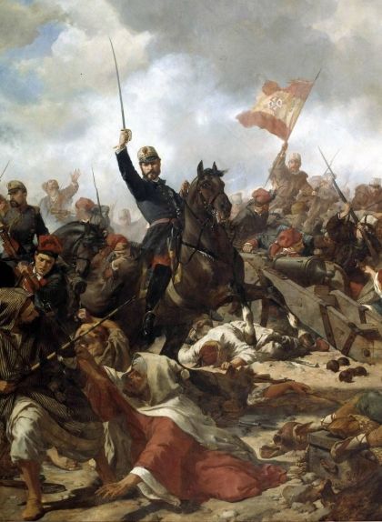 El general Prim a la batalla de Tetuan el 1860, comandant els caçadors d'Alba de Tormes i el batalló de voluntaris catalans El general Prim a la batalla de Tetuan el 1860, comandant els caçadors d'Alba de Tormes i el batalló de voluntaris catalans