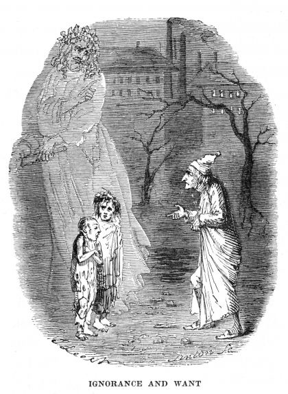 L'espectre del Nadal del futur mostrant-li a Scrooge la desolació de dos nens. Il·lustració de John Leech per a la primera edició de 'Cançó de Nadal' (1843) L'espectre del Nadal del futur mostrant-li a Scrooge la desolació de dos nens. Il·lustració de John Leech per a la primera edició de 'Cançó de Nadal' (1843)