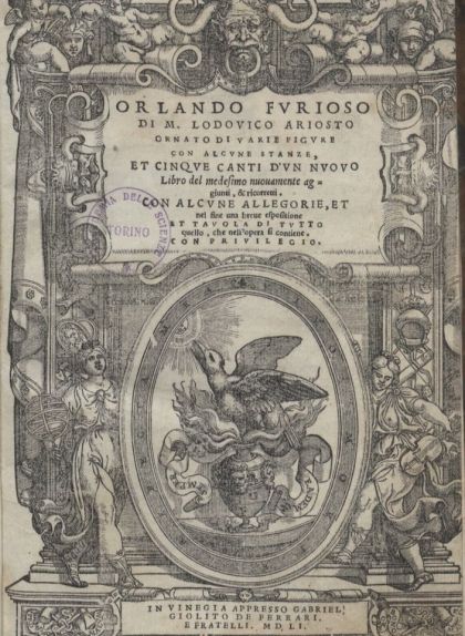 Pàgina del títol de l'edició de 1551 d''Orlando furioso', de Ludovico Ariosto