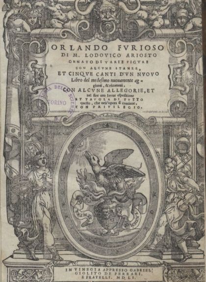 Pàgina del títol de l'edició de 1551 d''Orlando furioso', de Ludovico Ariosto Pàgina del títol de l'edició de 1551 d''Orlando furioso', de Ludovico Ariosto