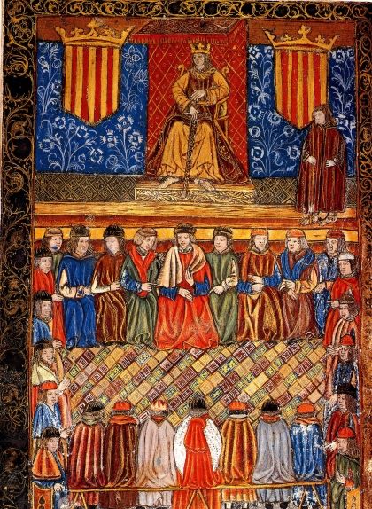 Ferran II entronitzat en mig de dos escuts amb el senyal reial presidint les Corts. Frontis d’una edició del 1495 de les ‘Constitucions catalanes’
