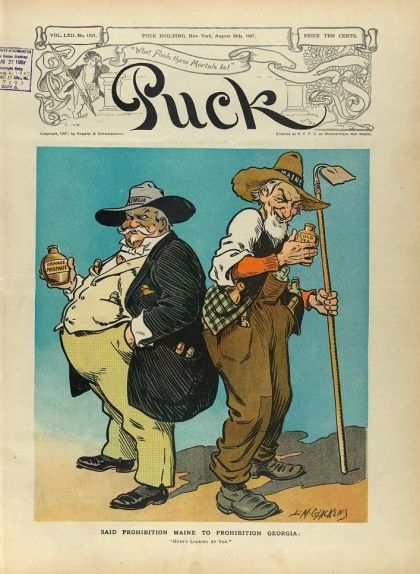 Il·lustració del 1907 que mostra dos homes, Georgia i Maine, amb dues botelles, que porten les etiquetes Orange Phosphate i Cold Tea però que, en realitat, amaguen alcohol Il·lustració del 1907 que mostra dos homes, Georgia i Maine, amb dues botelles, que porten les etiquetes Orange Phosphate i Cold Tea però que, en realitat, amaguen alcohol