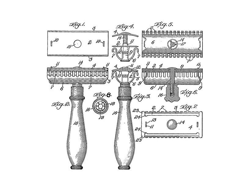 Dibuix de la patent de l'afaitadora rebutjable de Gilette