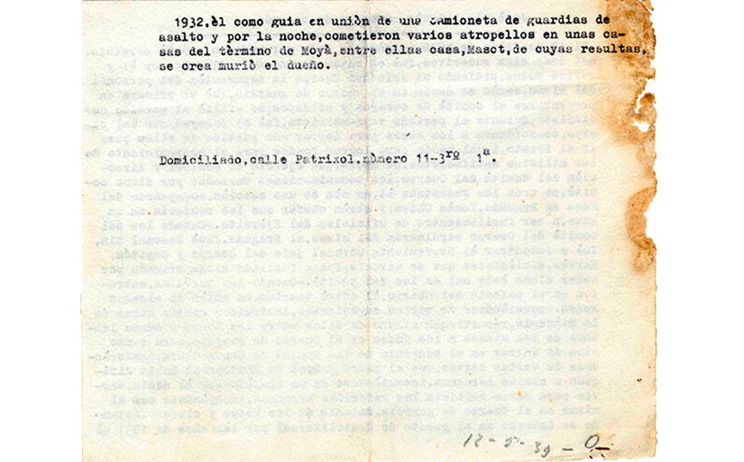 Fitxa de "Josè" Pla Aliquès (revers)