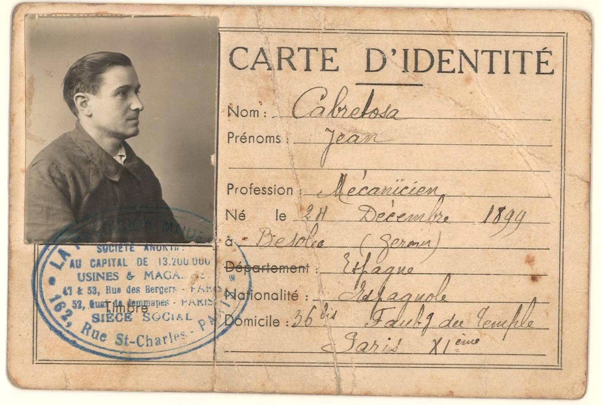 Carnet d'identitat de Joan Cabretosa Font Carnet d'identitat de Joan Cabretosa Font