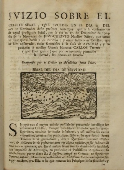 Pàgina de l'opuscle 'Juizio sobre el celeste señal' en què l’astròleg Joan Solar parla del meteorit caigut el 1704