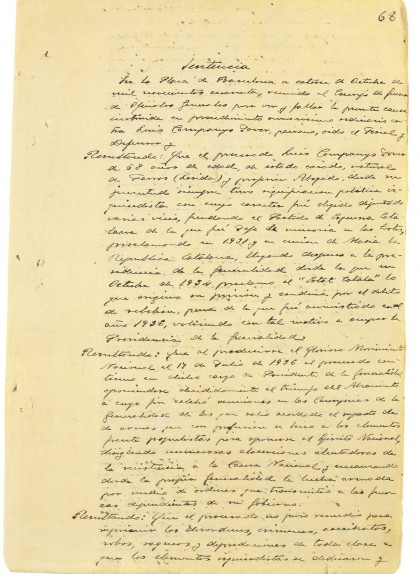 Primera pàgina de la sentència a Lluís Companys Primera pàgina de la sentència a Lluís Companys