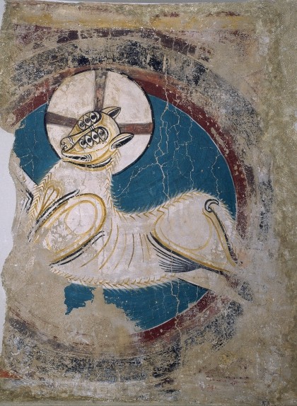 'Agnus Dei', pintura mural que forma part d'un dels arcs triomfals de les pintures de Sant Climent de Taüll, avui conservades al MNAC 'Agnus Dei', pintura mural que forma part d'un dels arcs triomfals de les pintures de Sant Climent de Taüll, avui conservades al MNAC