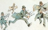 Il·lustració d'un home amb notícies falses corrent cap a la impremta, de Frederick Burr Opper Il·lustració d'un home amb notícies falses corrent cap a la impremta, de Frederick Burr Opper